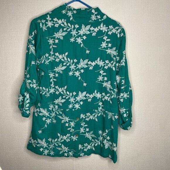 SOFT SURROUNDINGS Green‎ Embroidered Roll Tab Sleeve Tunic Linen  Blouse Sz PS - Picture 9 of 11